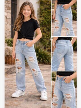 Teen Distressed Wide Leg Jeans Light Wash Ripped Denim Size XS 8-9Y